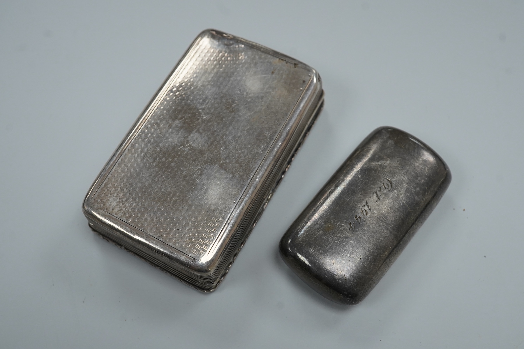 A William IV engine turned silver rectangular snuff box, by Joseph Wilmore, Birmingham, 1830, with later engraved inscription dated 1868 relating to a Turkish Baths in Brighton, known as The Hamman, 74mm, together with o